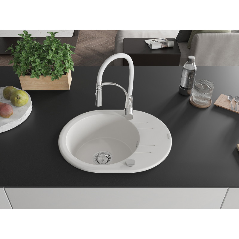 Mexen Kevin 1-bowl granite sink with drainer and Aster kitchen faucet, white - 6517-20-73450-02