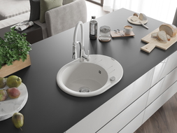 Mexen Kevin granite kitchen sink 1-bowl with drainer and Aster kitchen faucet, white - 6517-20-73450-02