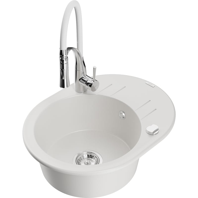 Mexen Kevin 1-bowl granite sink with drainer and Aster kitchen faucet, white - 6517-20-73450-02