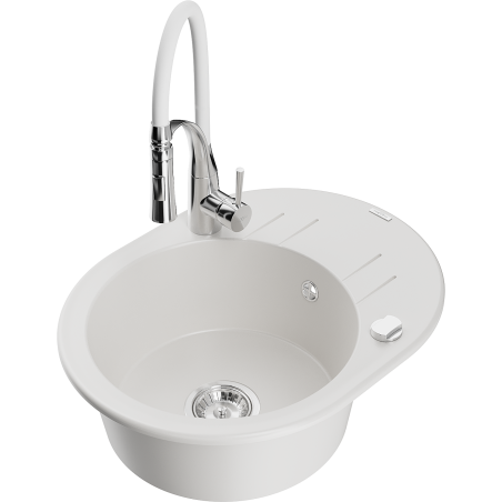 Mexen Kevin 1-bowl granite kitchen sink with drainer and Aster kitchen tap, white - 6517-20-73450-02