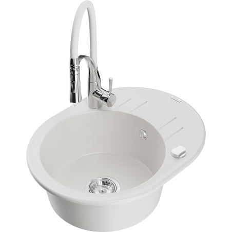 Mexen Kevin granite kitchen sink 1-bowl with drainer and Aster kitchen faucet, white - 6517-20-73450-02