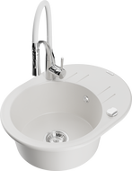 Mexen Kevin 1-bowl granite sink with drainer and Aster kitchen faucet, white - 6517-20-73450-02