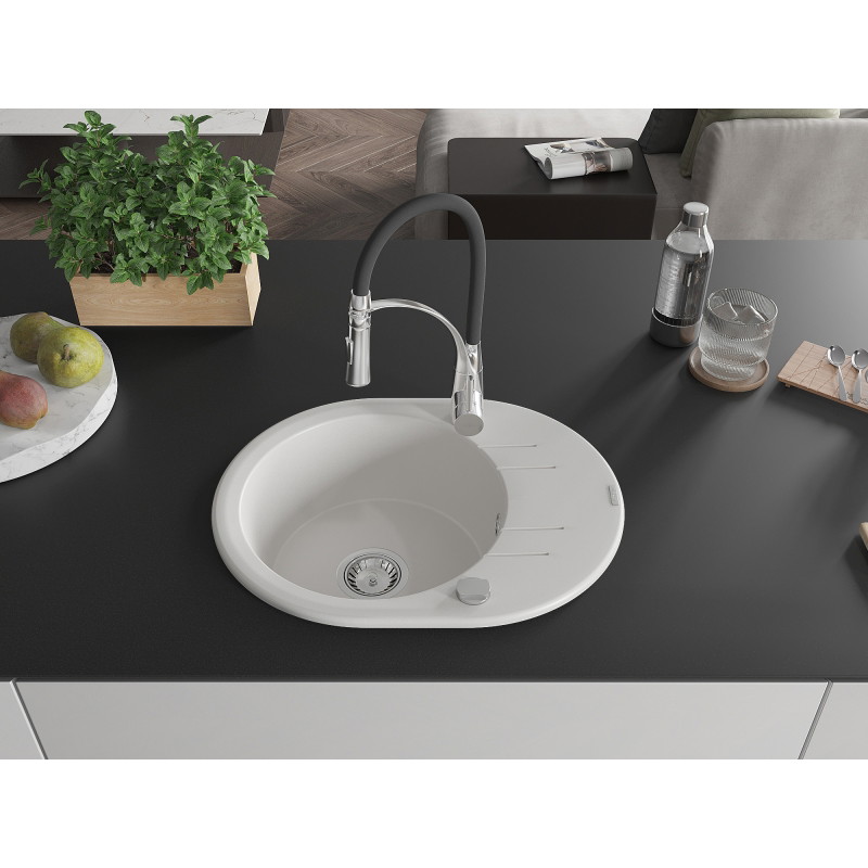 Mexen Kevin 1-bowl granite sink with drainer and Aster kitchen faucet, white - 6517-20-73450-07
