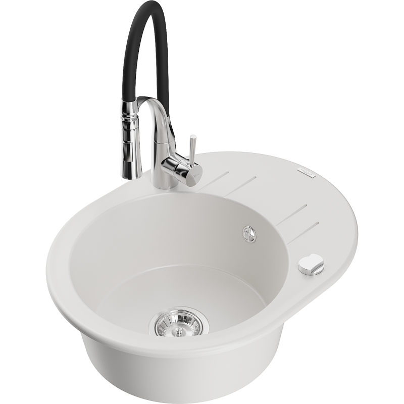 Mexen Kevin granite sink 1-bowl with drainer and Aster kitchen tap, white - 6517-20-73450-07