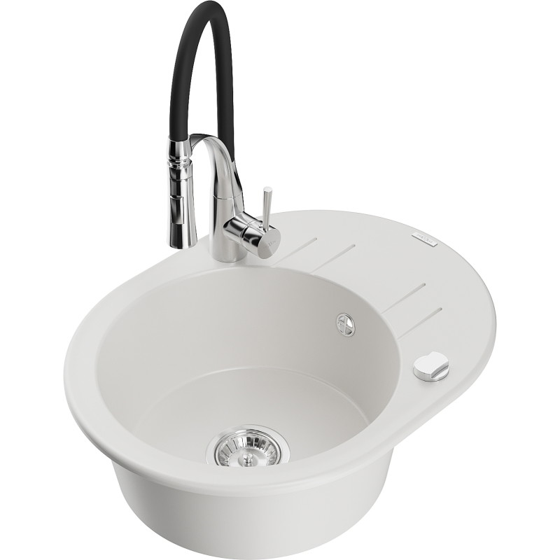 Mexen Kevin granite sink 1-bowl with drainer and kitchen faucet Aster, white - 6517-20-73450-07