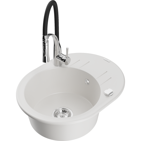 Mexen Kevin 1-bowl granite sink with drainer and Aster kitchen faucet, white - 6517-20-73450-07