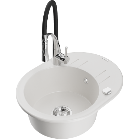 Mexen Kevin granite sink 1-bowl with drainer and kitchen faucet Aster, white - 6517-20-73450-07