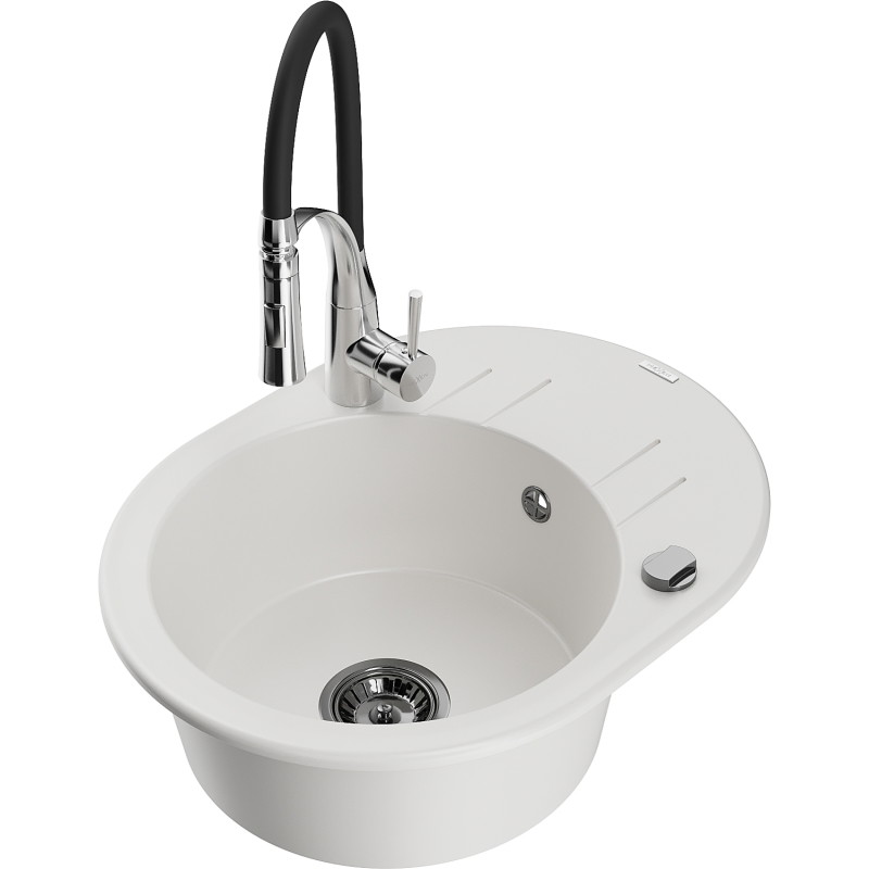 Mexen Kevin 1-bowl granite kitchen sink with drainer and Aster faucet, white - 6517-20-73450-07-B