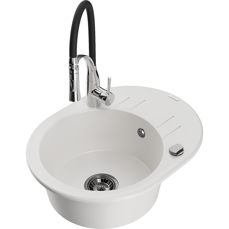 Mexen Kevin 1-compartment granite sink with a drip tray and kitchen mixer tap Aster, White - 6517-20-73450-07-B