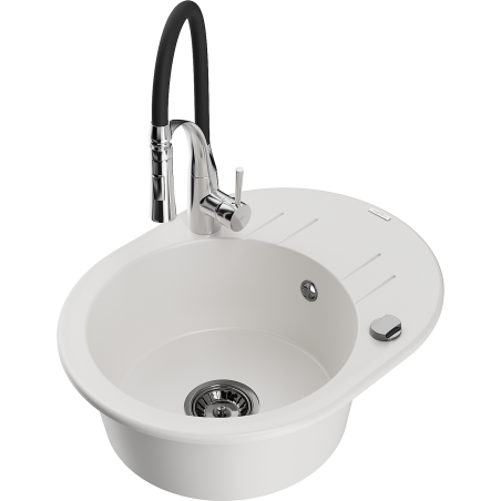 Mexen Kevin 1-compartment granite sink with a drip tray and kitchen mixer tap Aster, White - 6517-20-73450-07-B