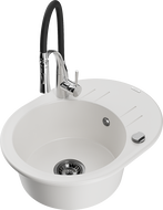 Mexen Kevin granite sink single-bowl with drainer and Aster kitchen tap, white - 6517-20-73450-07-B