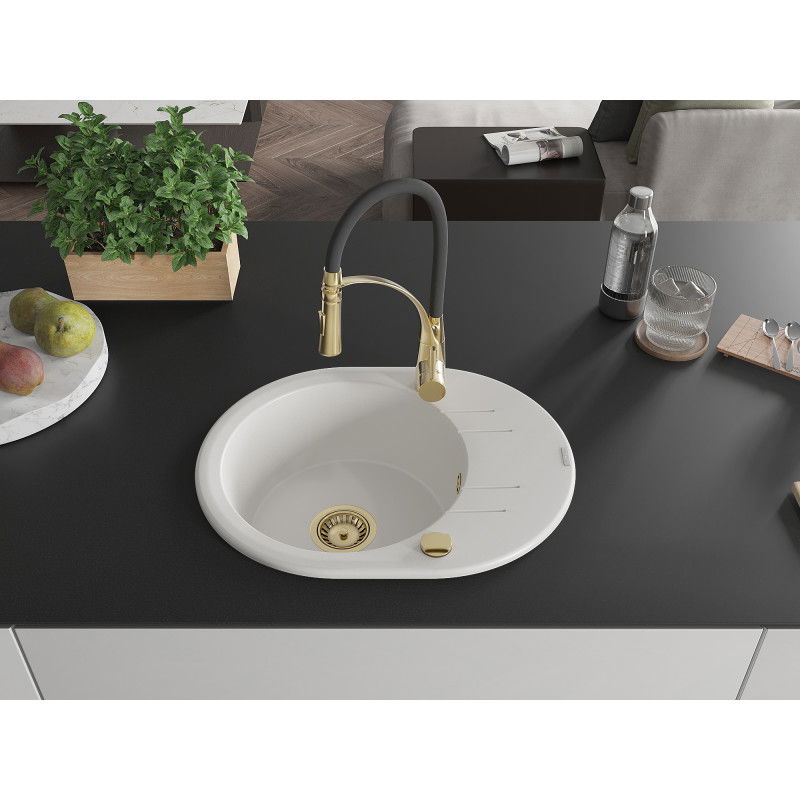 Mexen Kevin 1-bowl granite sink with drainer and Aster kitchen tap, white - 6517-20-73450-57-G