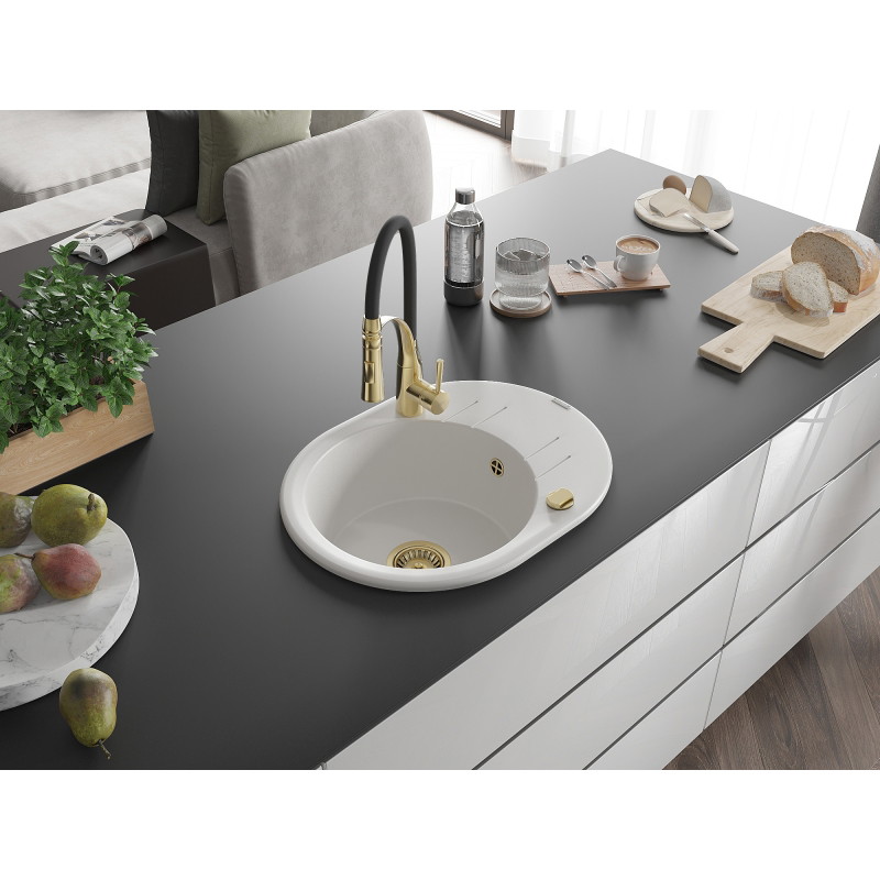 Mexen Kevin granite kitchen sink 1-bowl with drainer and kitchen faucet Aster, white - 6517-20-73450-57-G
