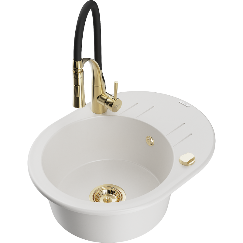 Mexen Kevin 1-compartment granite sink with a drip tray and kitchen mixer tap Aster, White - 6517-20-73450-57-G