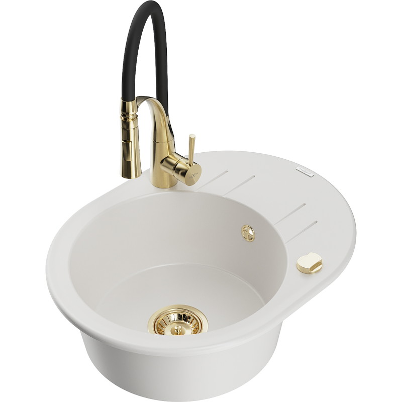 Mexen Kevin granite kitchen sink 1-bowl with drainer and kitchen faucet Aster, white - 6517-20-73450-57-G