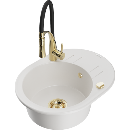 Mexen Kevin 1-bowl granite sink with drainer and Aster kitchen tap, white - 6517-20-73450-57-G