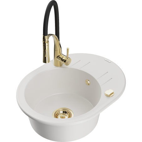 Mexen Kevin granite kitchen sink 1-bowl with drainer and kitchen faucet Aster, white - 6517-20-73450-57-G