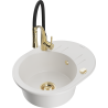 Mexen Kevin 1-bowl granite sink with drainer and Aster kitchen tap, white - 6517-20-73450-57-G