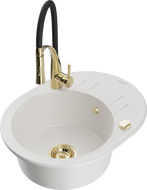 Mexen Kevin 1-bowl granite sink with drainer and Aster kitchen tap, white - 6517-20-73450-57-G