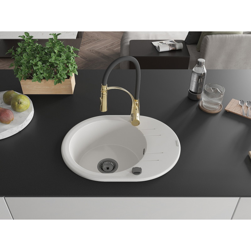 Mexen Kevin granite kitchen sink 1-bowl with drainer and Aster faucet, white - 6517-20-73450-57-B
