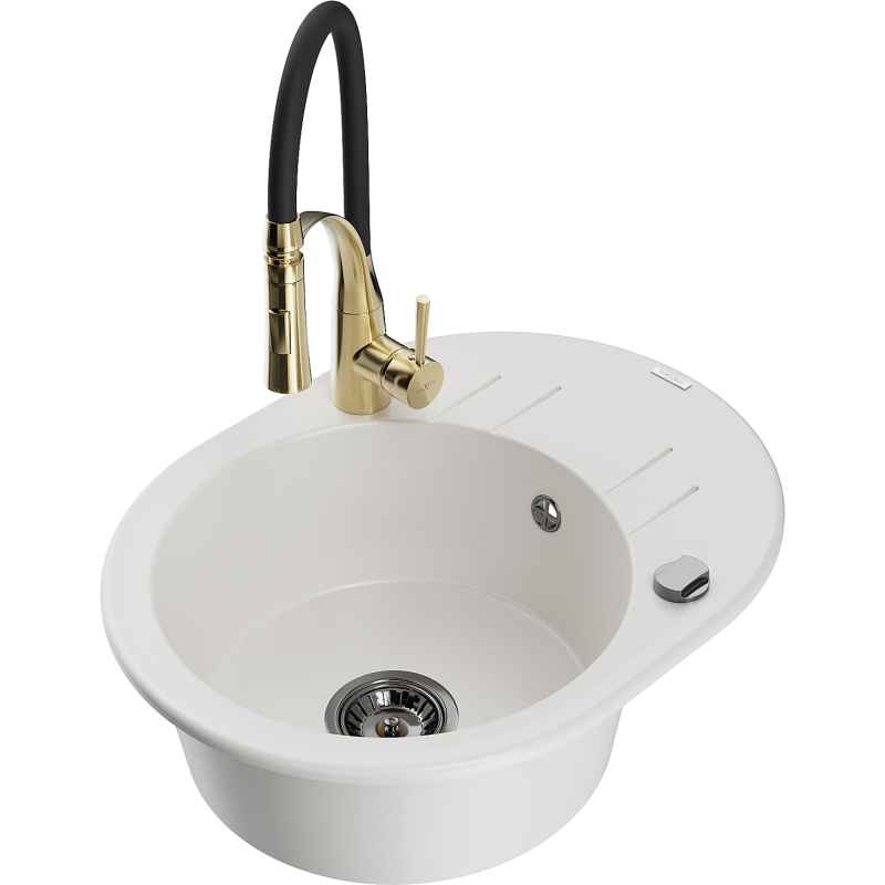 Mexen Kevin 1-compartment granite sink with a drip tray and kitchen mixer tap Aster, White - 6517-20-73450-57-B