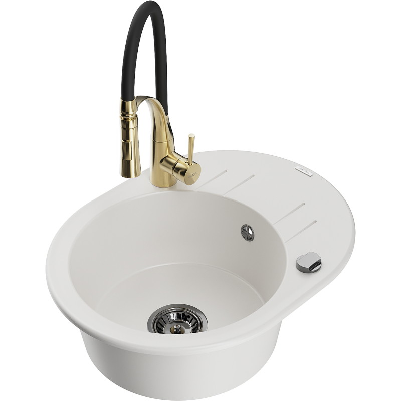 Mexen Kevin granite kitchen sink 1-bowl with drainer and Aster kitchen faucet, white - 6517-20-73450-57-B