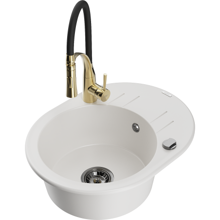 Mexen Kevin granite kitchen sink 1-bowl with drainer and Aster faucet, white - 6517-20-73450-57-B