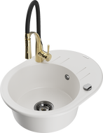 Mexen Kevin granite kitchen sink 1-bowl with drainer and Aster kitchen tap, white - 6517-20-73450-57-B