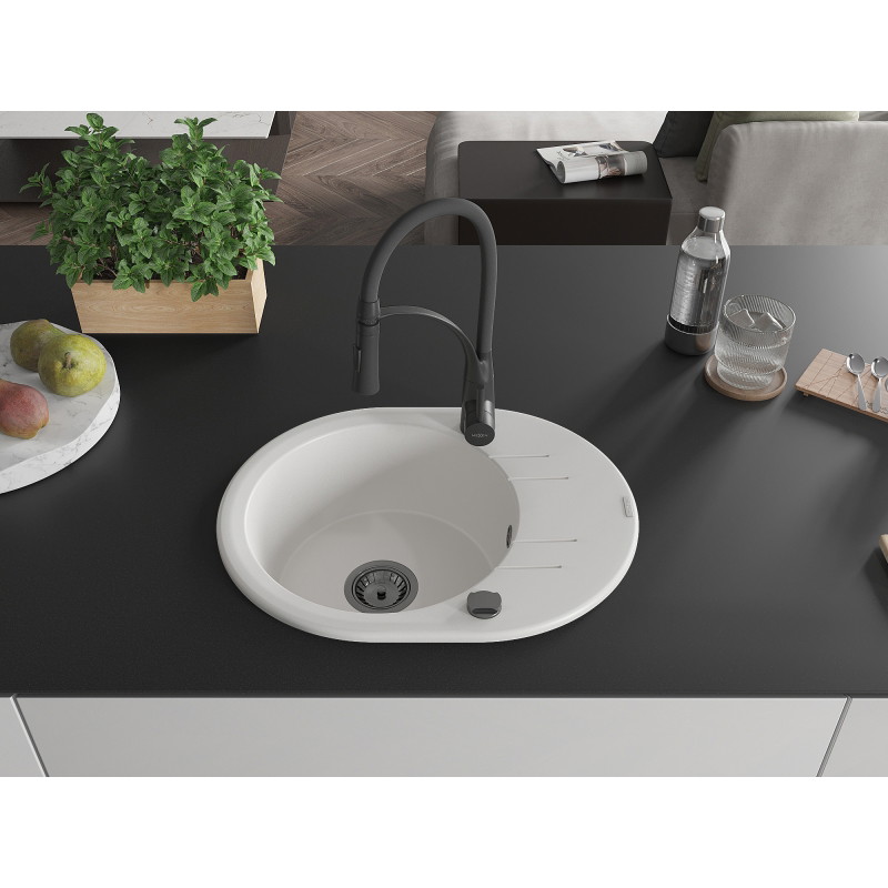 Mexen Kevin 1-Bowl Granite Sink with Drainer and Aster Kitchen Faucet, White - 6517-20-73450-70-B