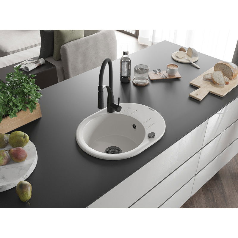 Mexen Kevin granite sink 1-bowl with drainer and Aster kitchen tap, white - 6517-20-73450-70-B