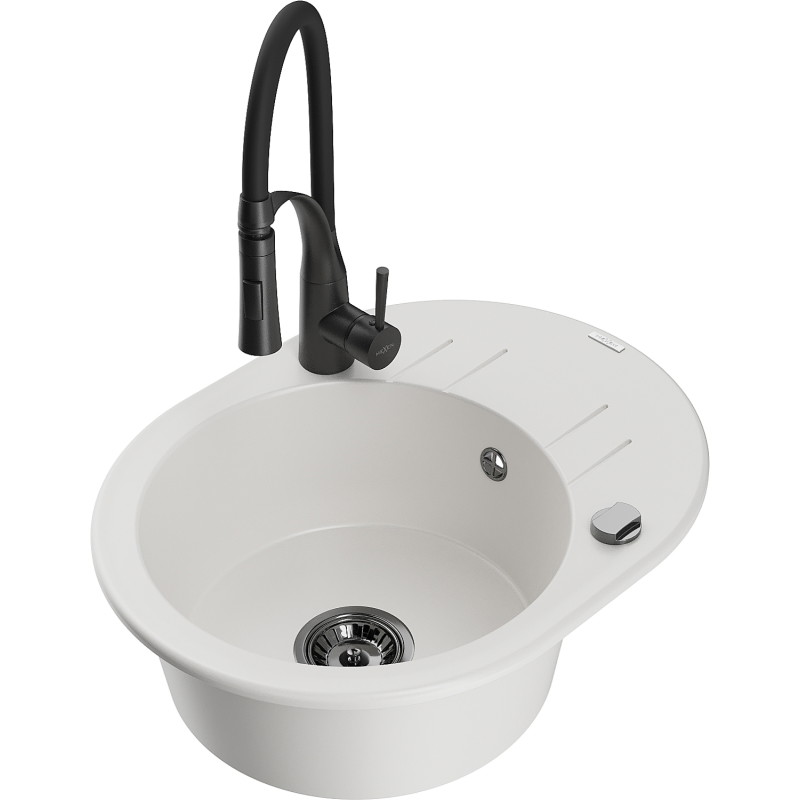 Mexen Kevin 1-Bowl Granite Sink with Drainer and Aster Kitchen Faucet, White - 6517-20-73450-70-B