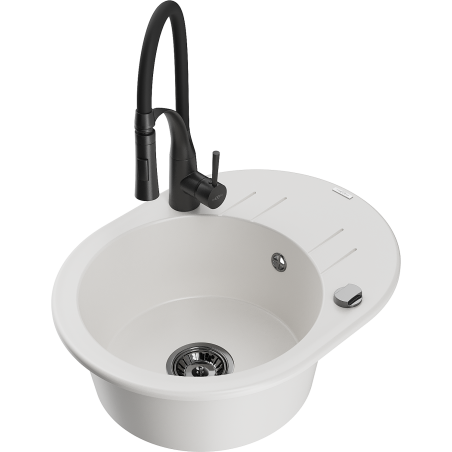 Mexen Kevin granite sink 1-bowl with drainer and kitchen faucet Aster, white - 6517-20-73450-70-B