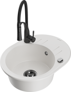 Mexen Kevin granite sink 1-bowl with drainer and Aster kitchen tap, white - 6517-20-73450-70-B