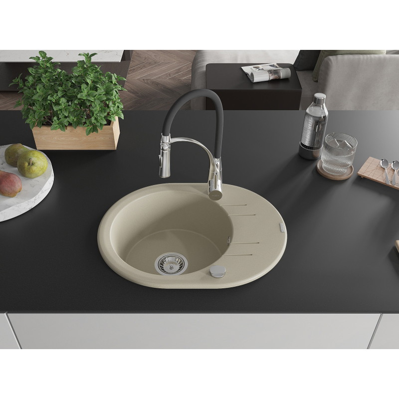 Mexen Kevin 1-bowl granite sink with drainer and Aster kitchen faucet, beige - 6517-69-73450-07