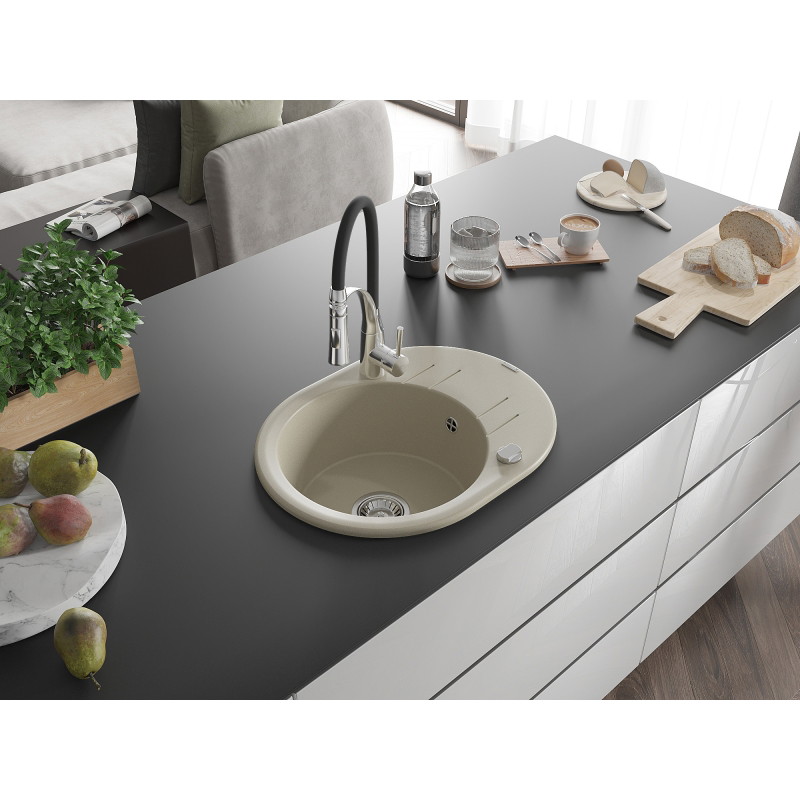 Mexen Kevin granite sink with 1-compartment, drainer, and kitchen faucet Aster, beige - 6517-69-73450-07