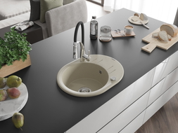 Mexen Kevin 1-bowl granite sink with drainer and Aster kitchen faucet, beige - 6517-69-73450-07