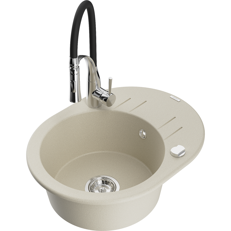 Mexen Kevin granite sink 1-bowl with drainer and Aster kitchen tap, beige - 6517-69-73450-07