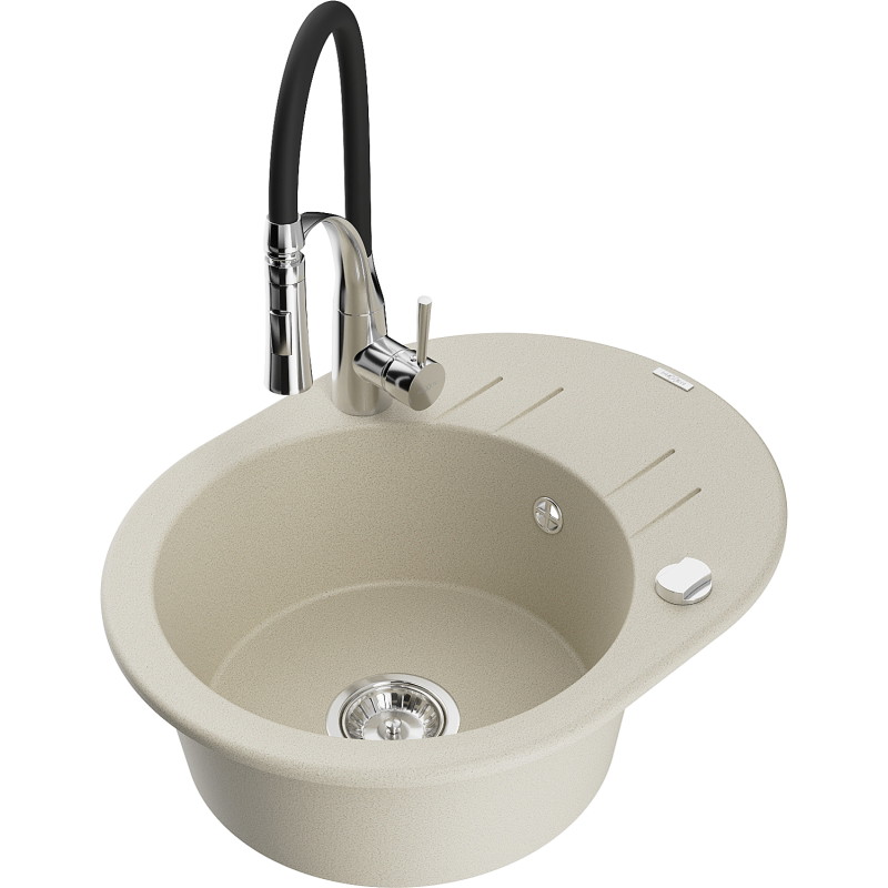 Mexen Kevin granite sink with 1-compartment, drainer, and kitchen faucet Aster, beige - 6517-69-73450-07
