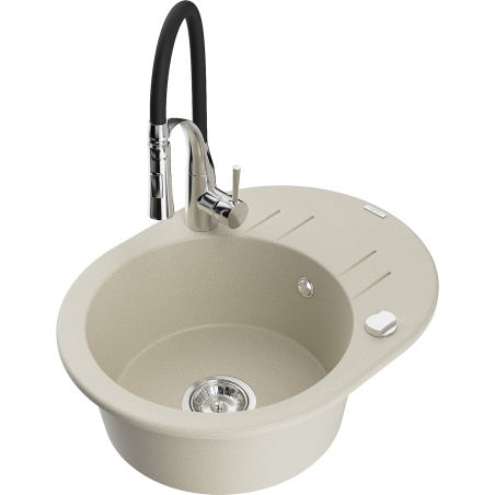 Mexen Kevin granite sink with 1-compartment, drainer, and kitchen faucet Aster, beige - 6517-69-73450-07