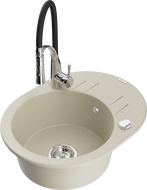 Mexen Kevin 1-bowl granite sink with drainer and Aster kitchen faucet, beige - 6517-69-73450-07