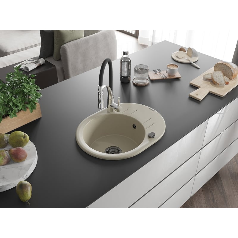 Mexen Kevin single-bowl granite kitchen sink with drainer and Aster faucet, beige - 6517-69-73450-07-B