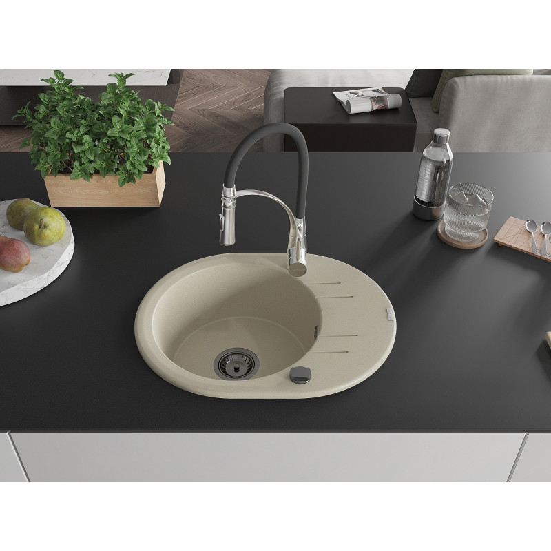 Mexen Kevin granite kitchen sink single-bowl with draining board and kitchen faucet Aster, beige - 6517-69-73450-07-B