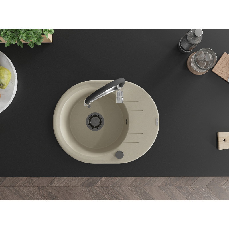 Mexen Kevin single-bowl granite kitchen sink with drainer and Aster faucet, beige - 6517-69-73450-07-B