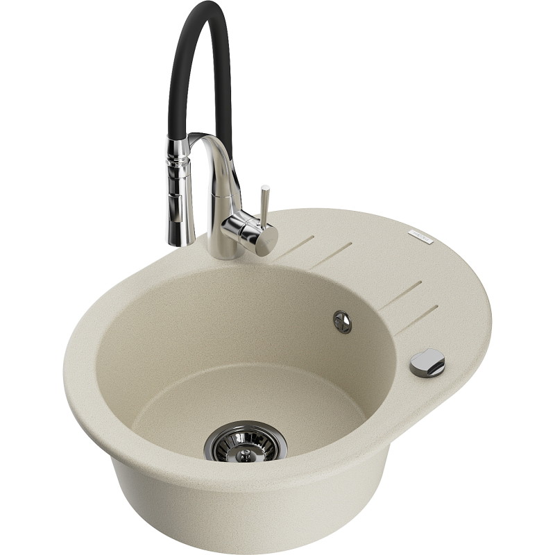 Mexen Kevin granite kitchen sink single-bowl with draining board and kitchen faucet Aster, beige - 6517-69-73450-07-B