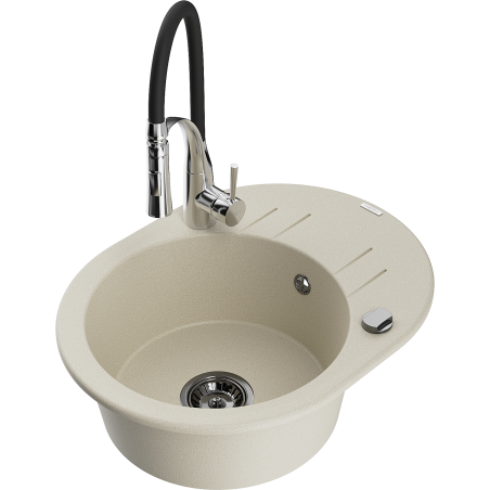 Mexen Kevin granite kitchen sink single-bowl with draining board and kitchen faucet Aster, beige - 6517-69-73450-07-B