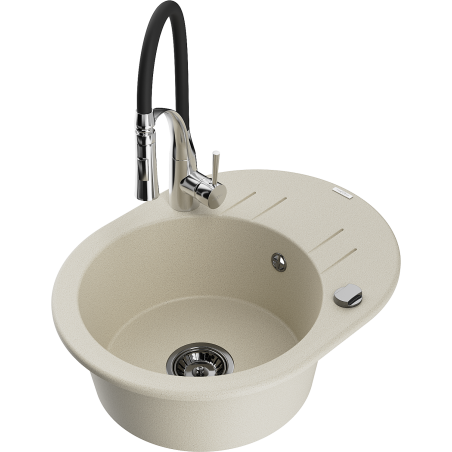 Mexen Kevin single-bowl granite kitchen sink with drainer and Aster faucet, beige - 6517-69-73450-07-B