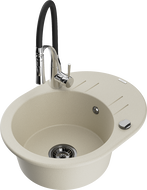 Mexen Kevin single-bowl granite kitchen sink with drainer and Aster faucet, beige - 6517-69-73450-07-B