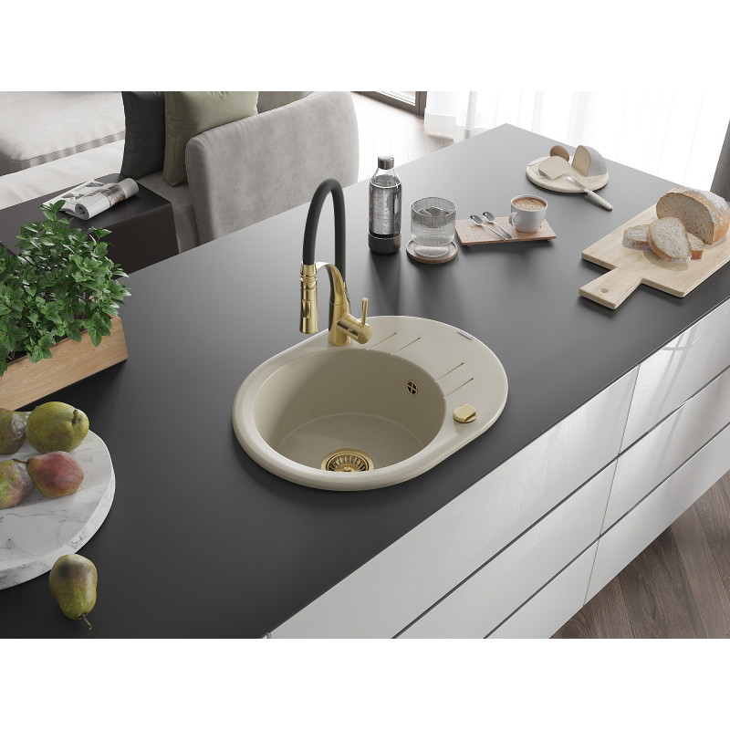 Mexen Kevin 1-bowl granite sink with drainer and Aster kitchen faucet, beige - 6517-69-73450-57-G