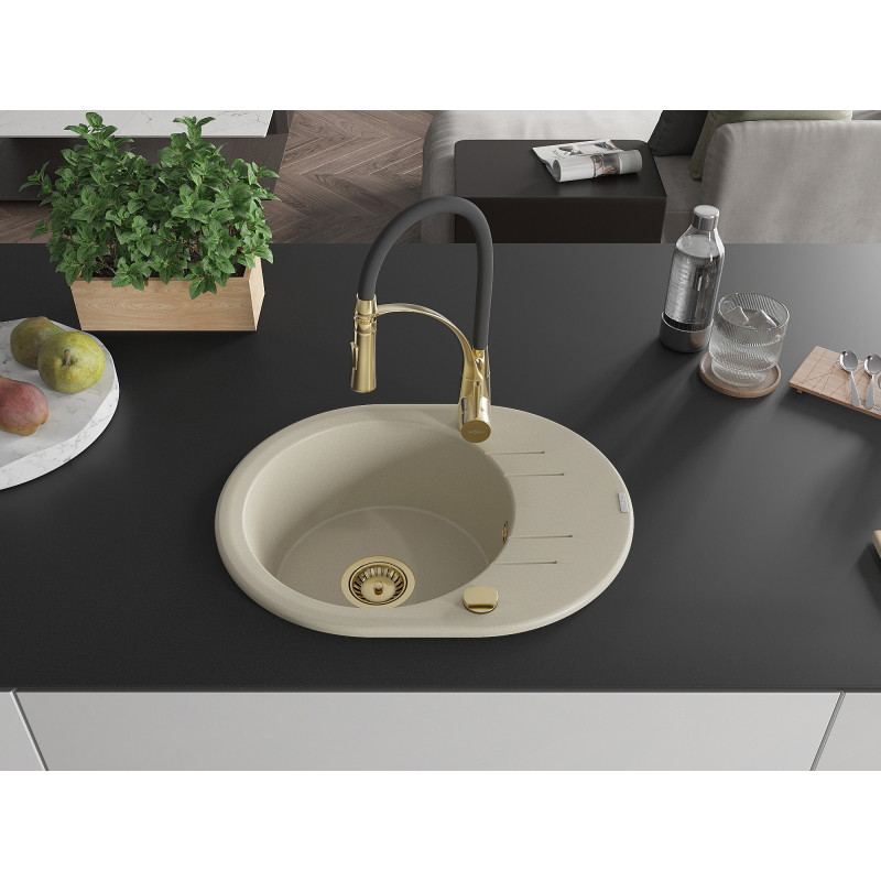 Mexen Kevin 1-bowl granite sink with drainer and Aster kitchen faucet, beige - 6517-69-73450-57-G
