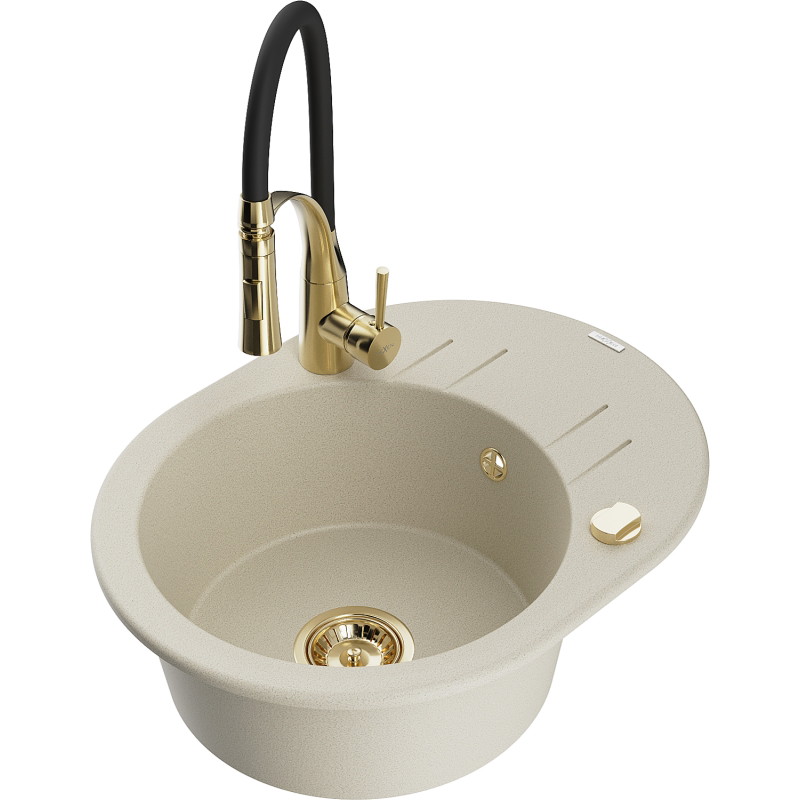 Mexen Kevin 1-bowl granite sink with drainer and Aster kitchen faucet, beige - 6517-69-73450-57-G